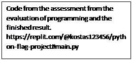 Text Box: Code from the assessment from the evaluation of programming and the finished result. https://replit.com/@kostas123456/python-flag-project#main.py